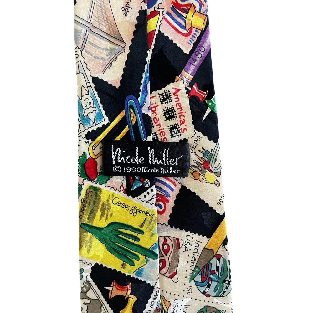 NICOLE MILLER VINTAGE 90s Novelty Print US Postage Stamp Silk Tie